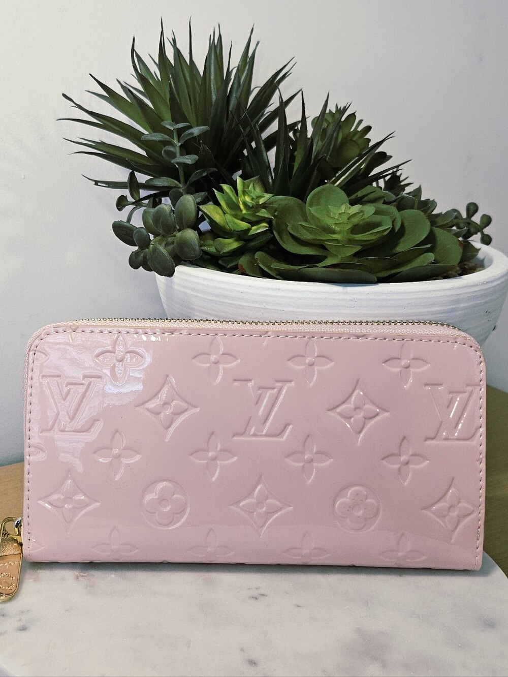 Designer Inspired Gorgeous Pink Patent Monogram Zipper Wallet